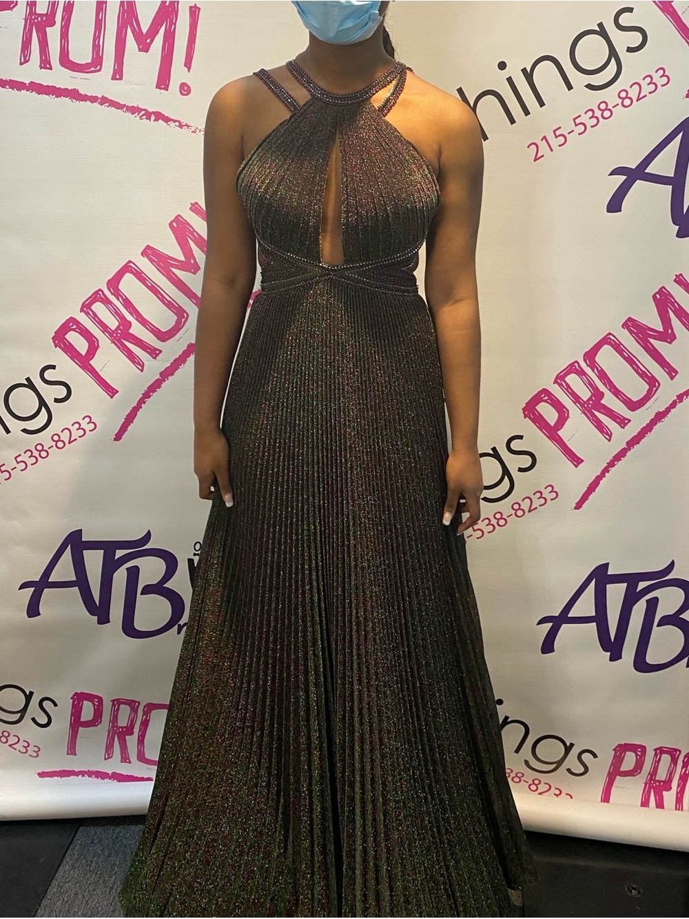 Sleeveless Glitter Halter Prom Dress in Iridescent Green and Purple